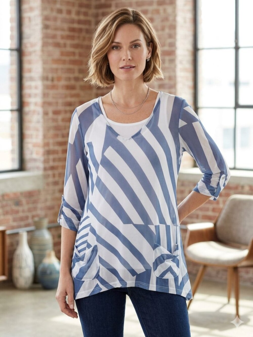 Lynn Ritchie Silver Blue Stripes Sheer Mesh Tunic